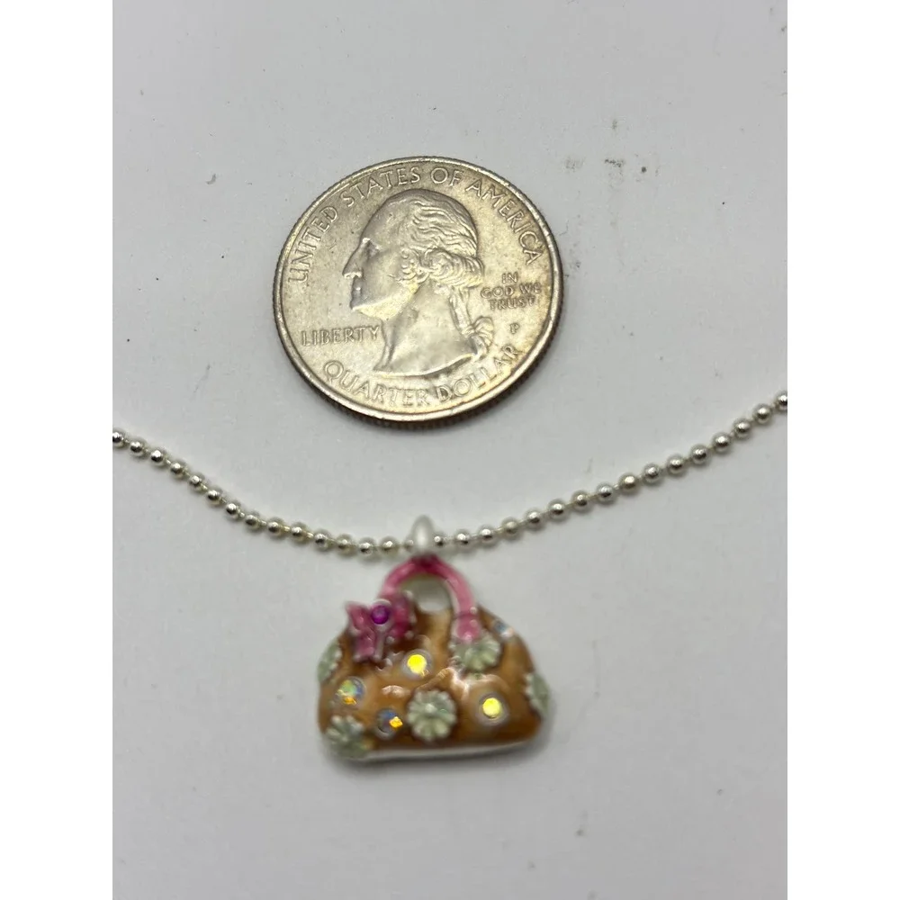 Charmed Necklace Girls 15 Inch Silver Handbag Purse Pendant Rhinestone Enamel
